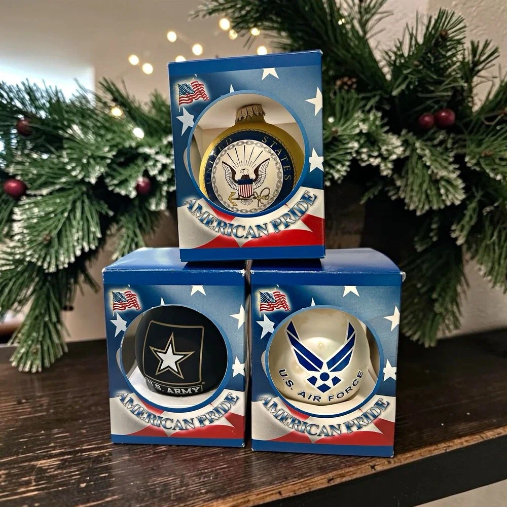 American Pride Glass Ball Ornament Set of 3 U.S. Military Christmas Decor